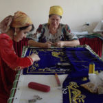 Mukarrama Kayumova, embroiderer and designer with her apprentice on gold embroidering. Dushanbe, 2014